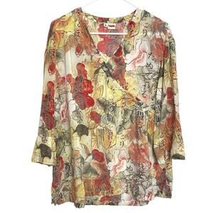 Tianello Asian‎ Print Diva Blouse Womens M Geisha V Neck 3/4 Sleeve Art to Wear
